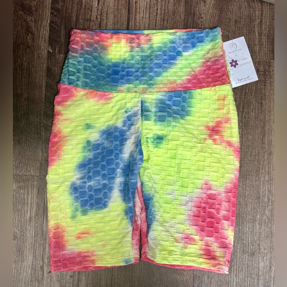 NEW! Zenana Outfitters Neon Tie Dye Textured Honey Butt Workout Shorts S